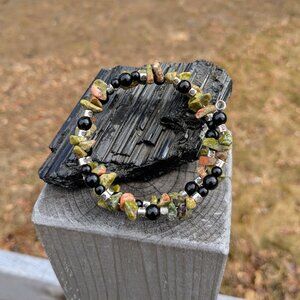 Natural Unakite Jasper Memory Wire Bracelet